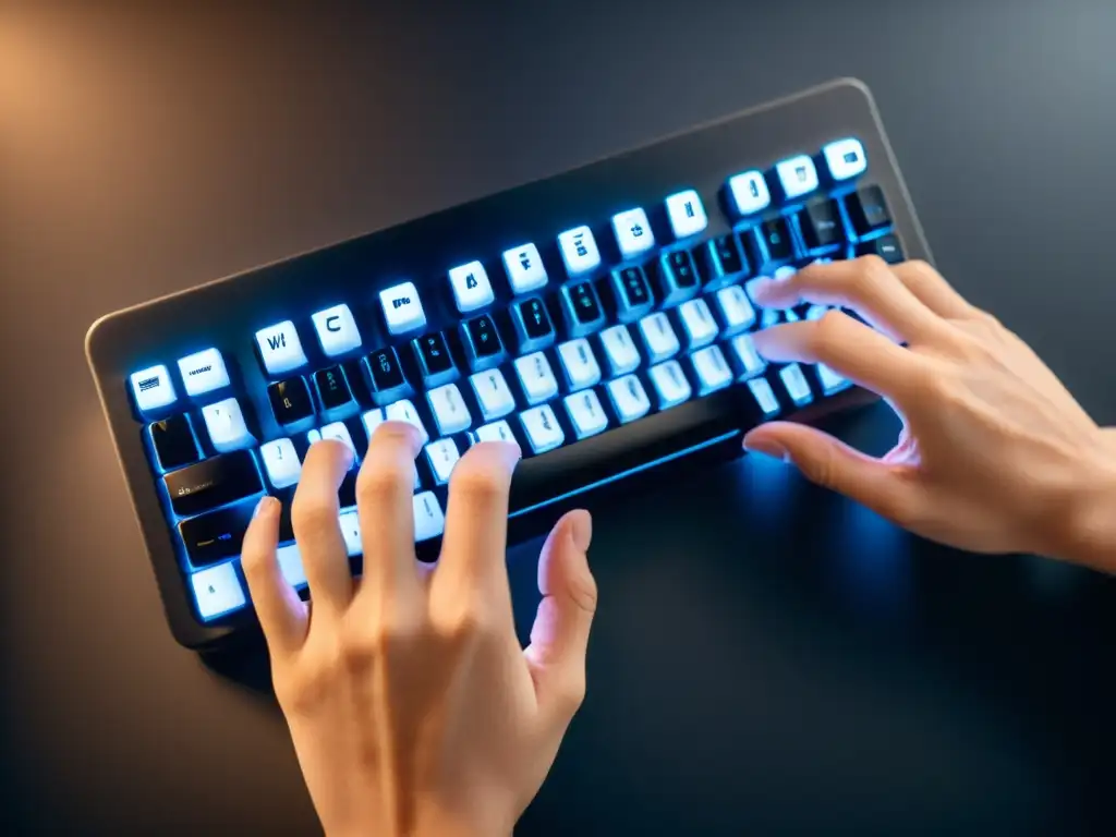 Mano escribiendo en teclado moderno con pantalla reflejando código