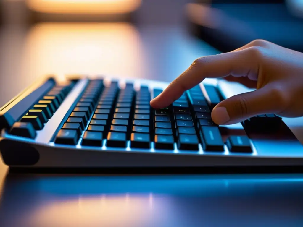 Mano tecleando en un teclado moderno, resaltando la precisión y sofisticación de la tecnología