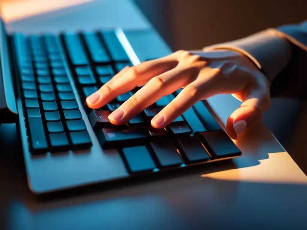 Mano tecleando en teclado moderno, evocando seguridad en entorno digital