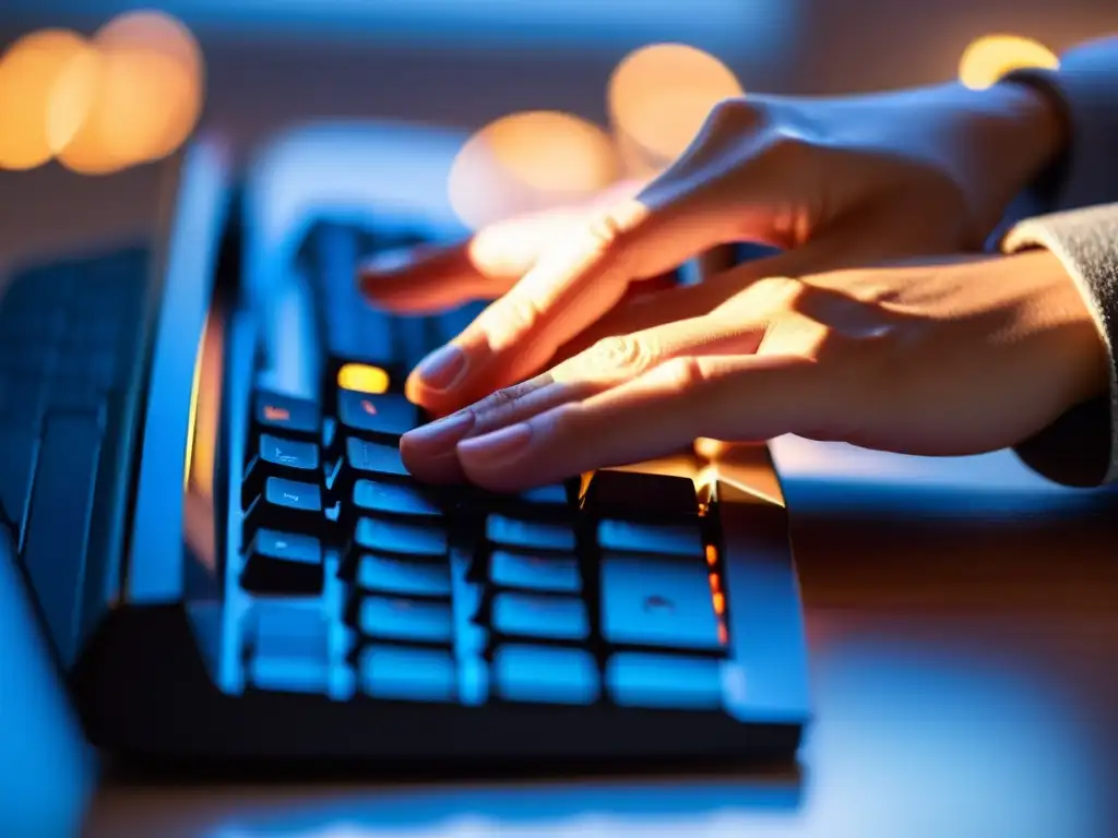 Mano escribiendo en teclado con determinación, enfocando en teclas