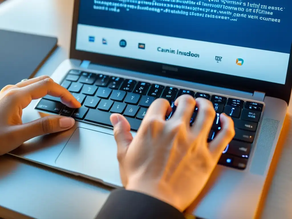 Manos expertas tecleando en laptop moderna Manos ágiles y enfocadas tecleando en un moderno portátil, simbolizando eficiencia en cursos online gratis de experto en Linux