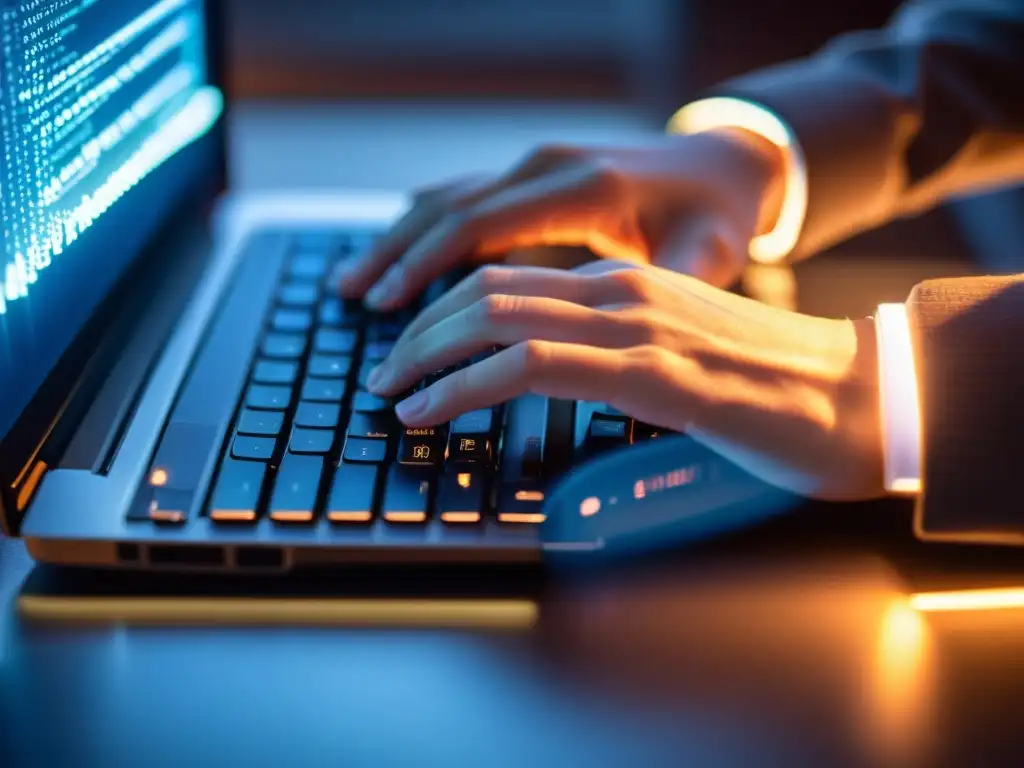 Manos escribiendo código en teclado de laptop, ambiente profesional y tranquilo