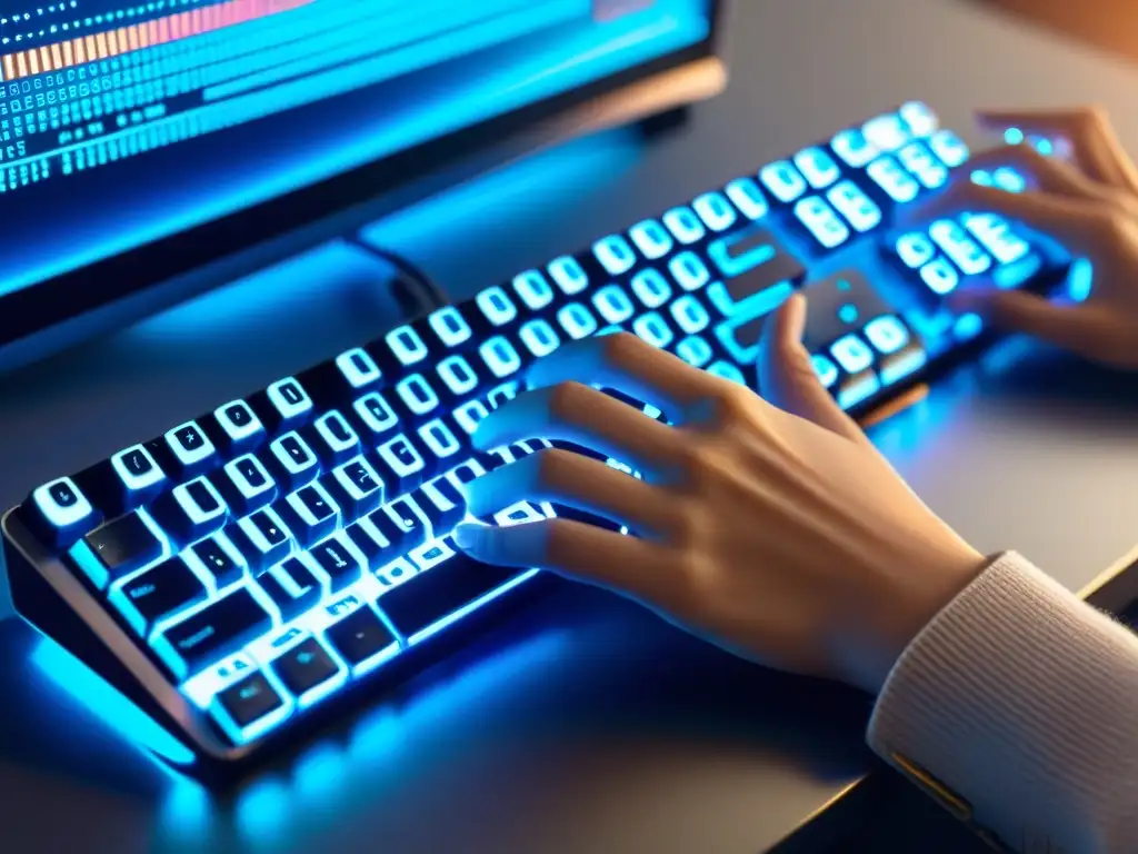 Manos escribiendo código en un teclado moderno, con pantalla brillante