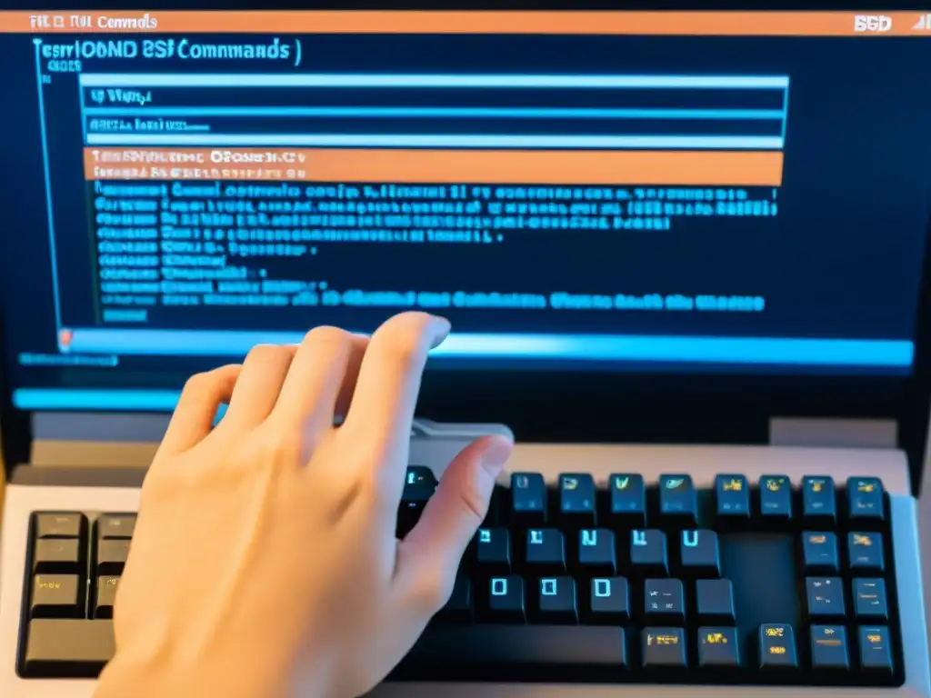 Manos tecleando comandos en BSD para principiantes, en un ambiente cálido y documental