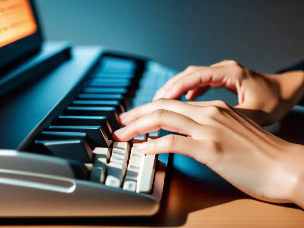 Manos concentradas escribiendo en teclado, con luz suave