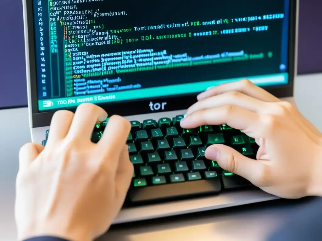 Manos concentradas tecleando en terminal Linux con el navegador Tor en segundo plano, mostrando circuito Tor y operaciones de configuración