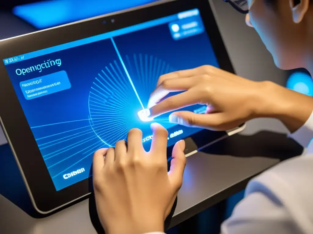 Unas manos personalizan con cuidado un sistema operativo ARM en un elegante dispositivo touchscreen futurista, en un ambiente profesional minimalista