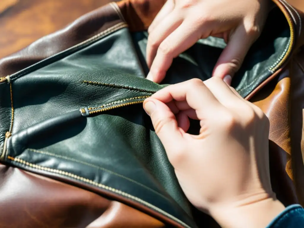 Manos cuidadosas reparan con destreza un parche en una chaqueta de cuero desgastada