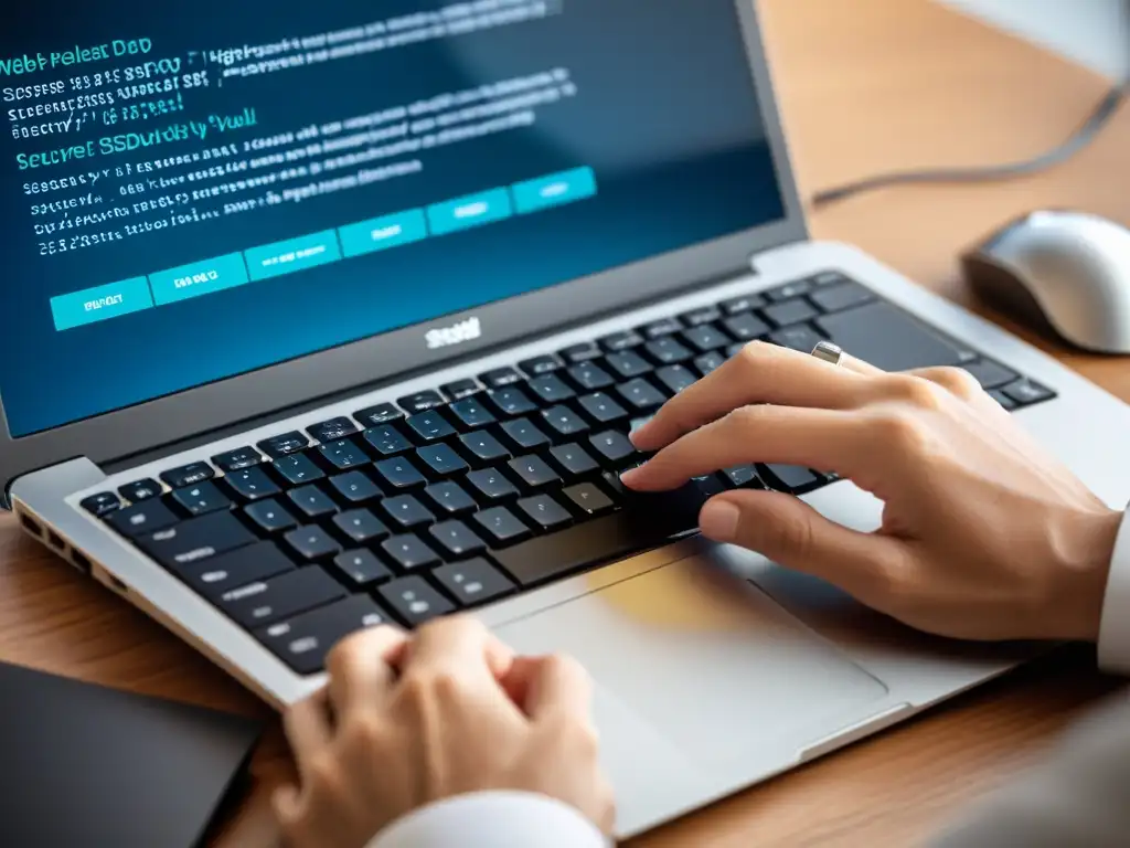 Desarrollador escribiendo código seguro en laptop moderna Manos de desarrollador tecleando código seguro en laptop, simbolizando prácticas seguridad aplicaciones web BSD