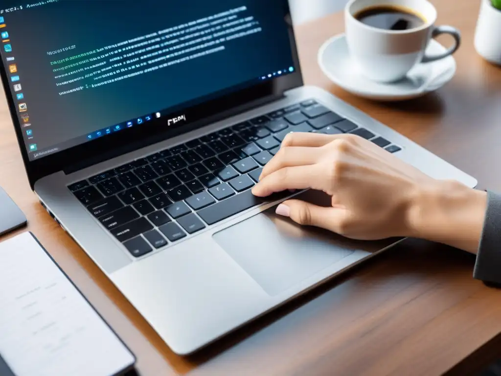 Las manos de un desarrollador teclean en un elegante portátil con una interfaz de línea de comandos mostrando código para crear una API RESTful segura