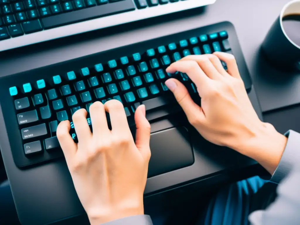 Las manos de un desarrollador teclean con precisión en un teclado moderno, con líneas de código en la pantalla