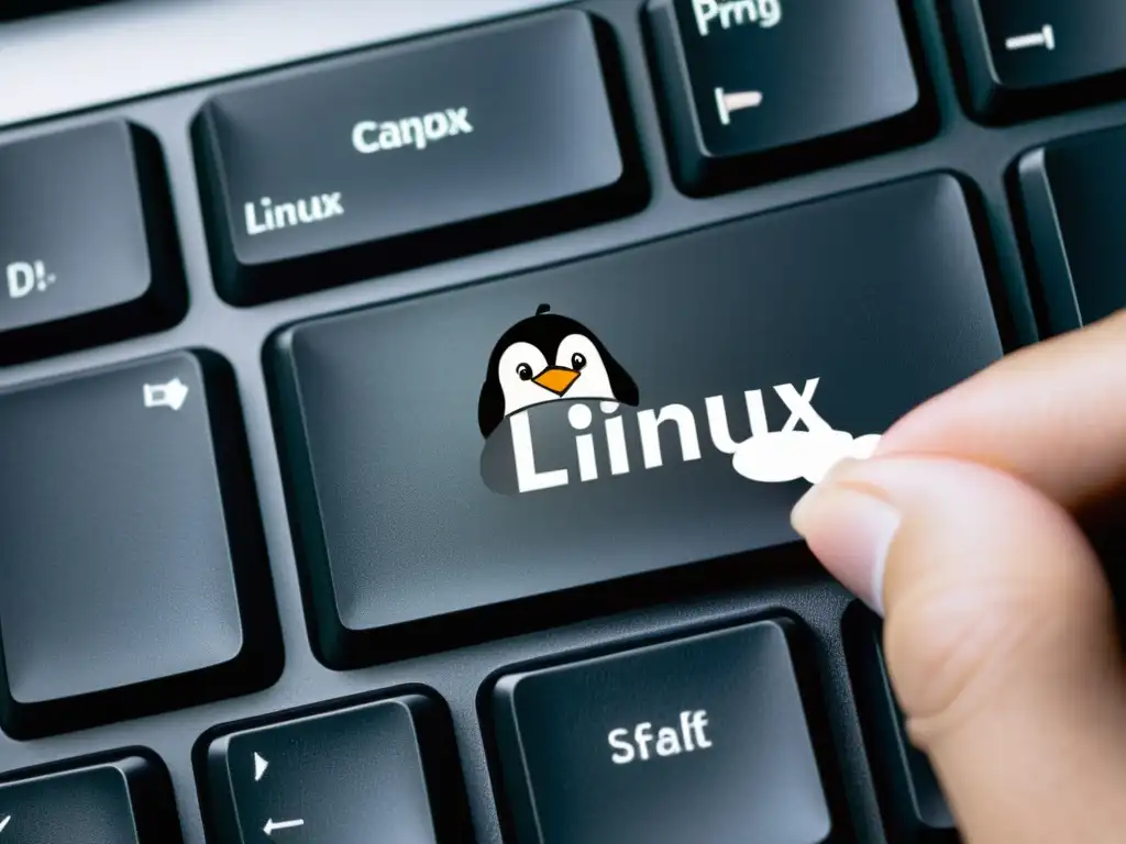 Manos tecleando en un elegante teclado con el logo del pingüino de Linux en la pantalla