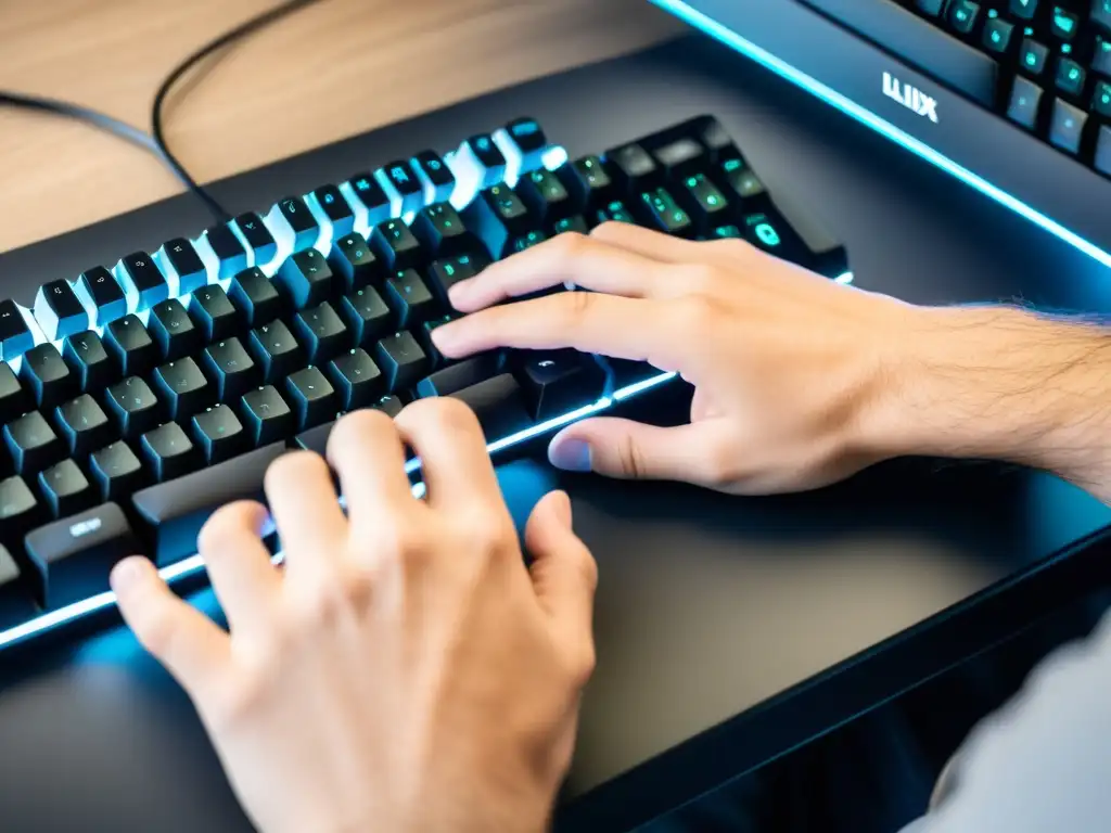 Instalación de Mod en Juego Linux: Detalles de Teclado y Ratón Manos expertas instalan mods de juegos para Linux con teclado y mouse, detalle profesional y minimalista