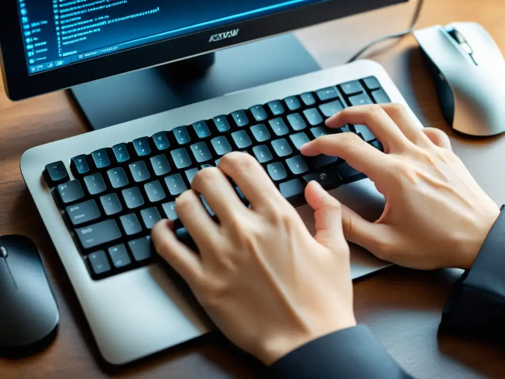 Manos expertas implementando servicio soporte sistemas operativos alternativos en teclado y mouse, navegando con precisión entre sistemas