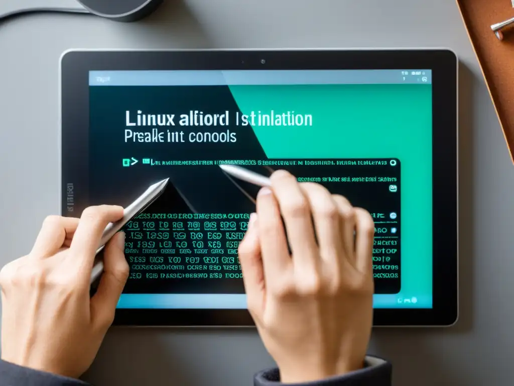 Unas manos expertas instalan Linux en una tablet, destacando la precisión técnica