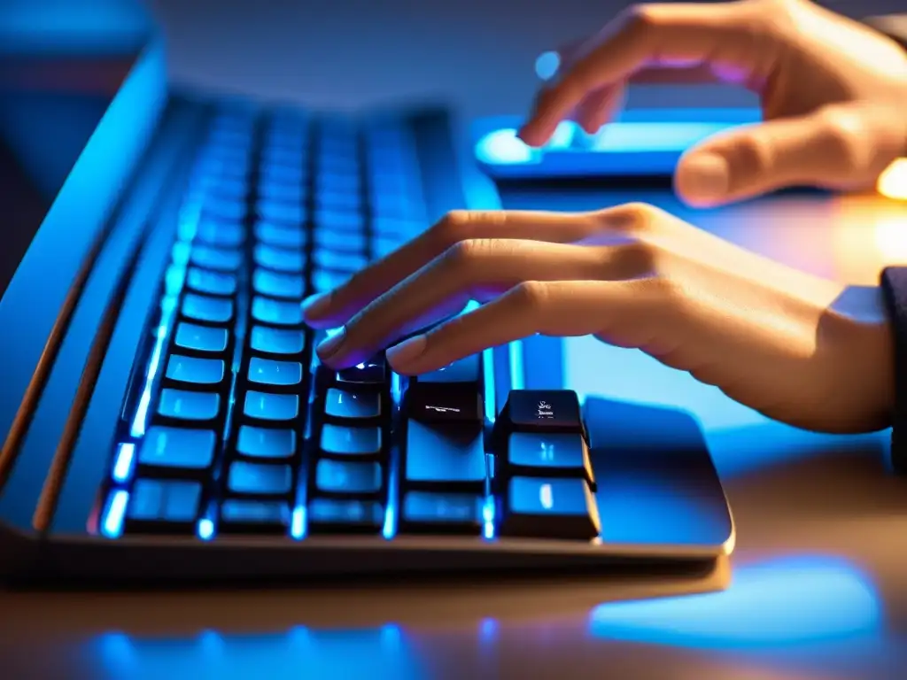 Manos expertas: Tecleando con precisión en Linux Manos expertas escribiendo en un teclado moderno, iluminadas por la pantalla