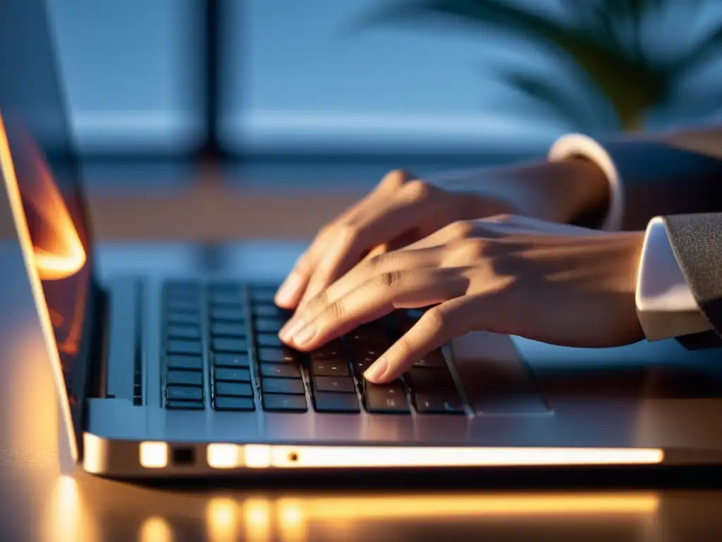 Manos expertas escribiendo en un teclado moderno, enfoque en la precisión del movimiento