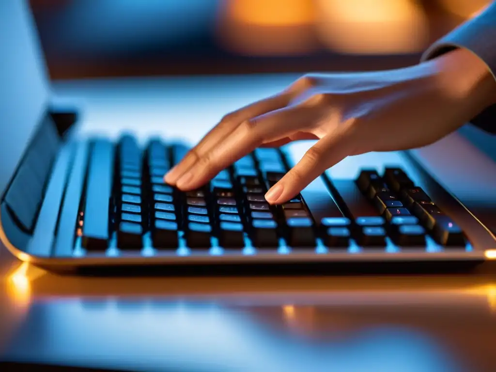 Unas manos expertas escriben en un teclado moderno, con luz suave