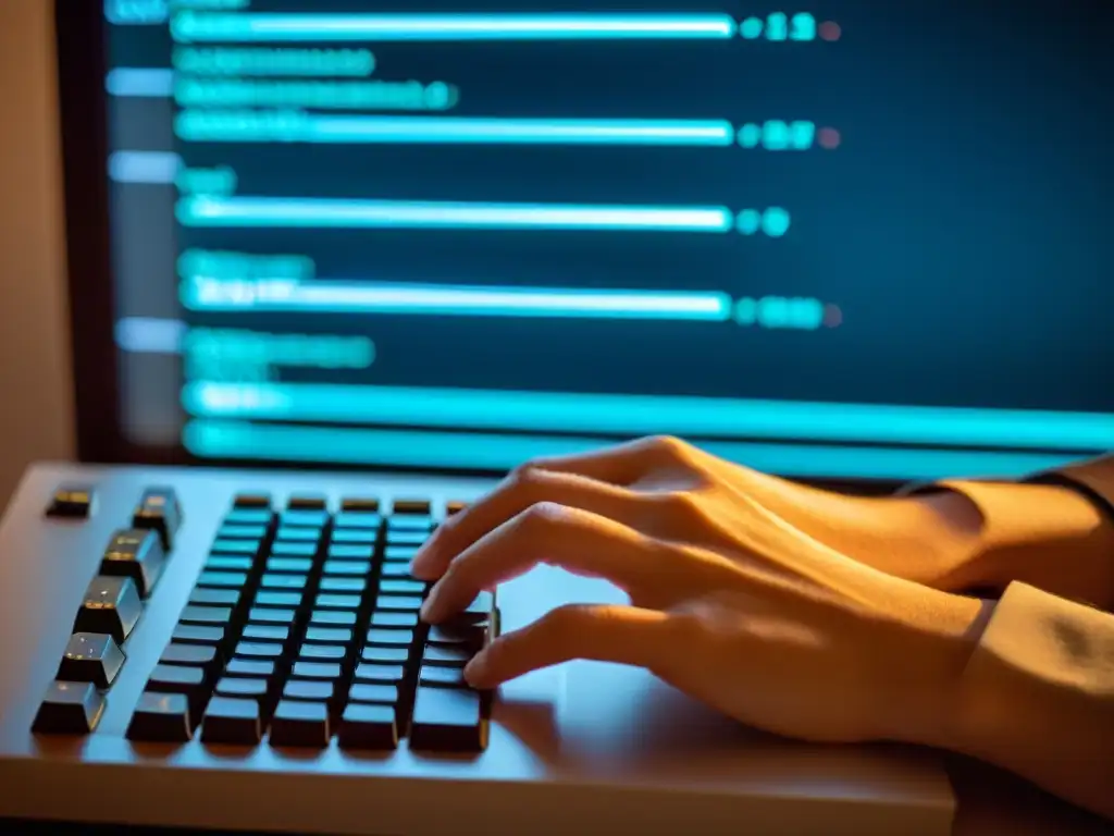 Manos expertas teclean en un terminal Unix, destacando la precisión