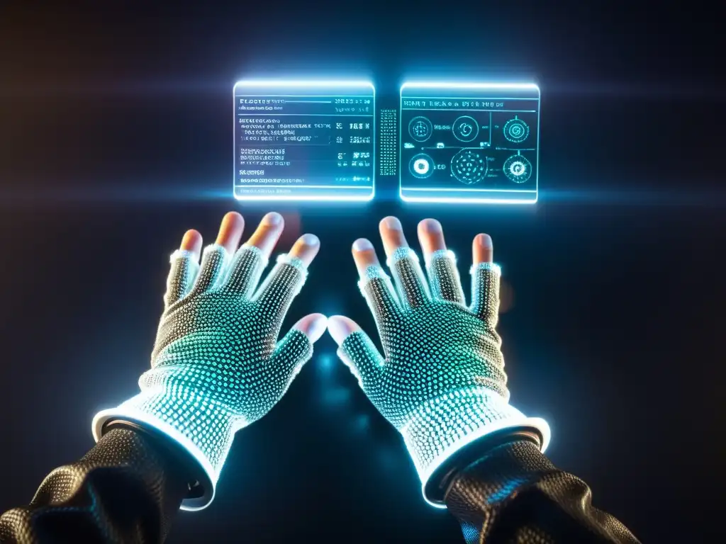 Manos con guantes tecnológicos manipulan holograma de seguridad en Blockchain y sistemas operativos alternativos