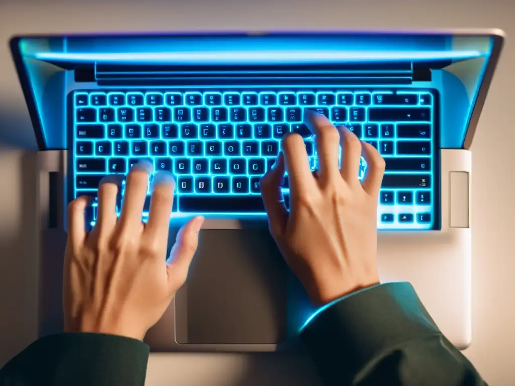 Manos tecleando código en laptop con Linux Manos tecleando en un moderno portátil con código en pantalla, reflejando profesionalismo y concentración