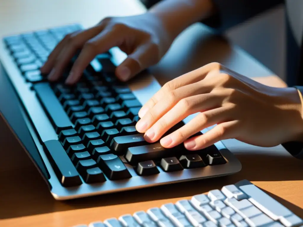 Manos tecleando en un moderno teclado, en un entorno profesional y minimalista