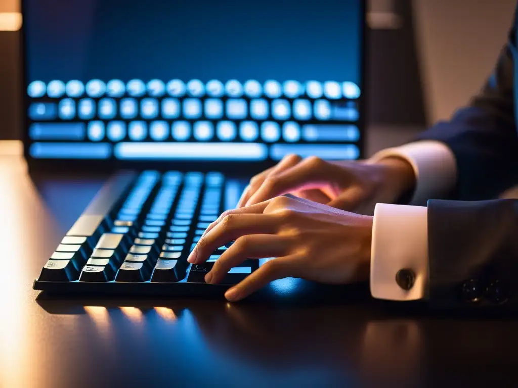 Manos tecleando en un moderno teclado en una habitación tenue, reflejo en gafas