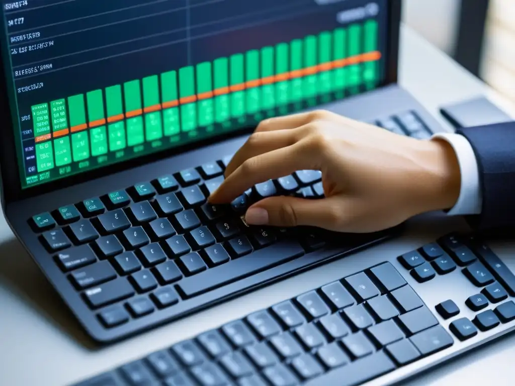 Manos profesionales ingresando datos financieros en sistema BSD Manos precisas introducen datos financieros en un sistema BSD, enfocando la gestión financiera