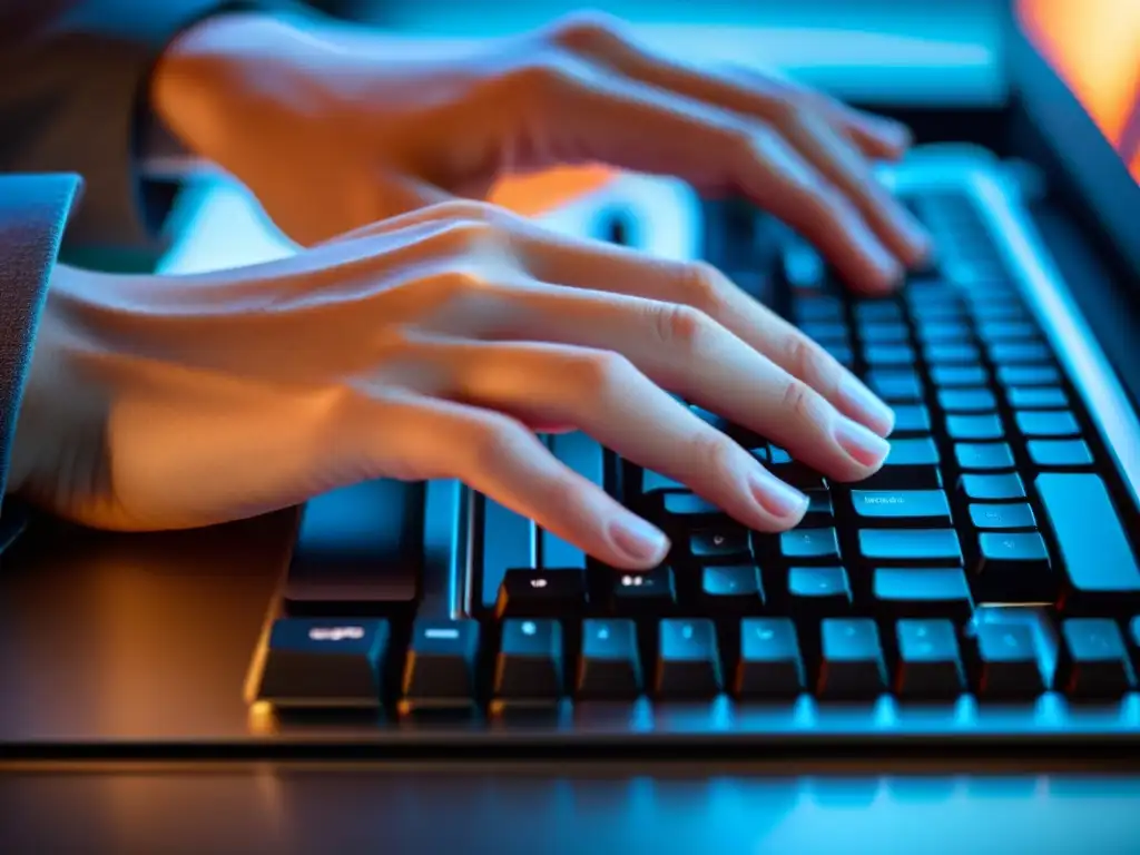 Manos tecleando con precisión en un teclado moderno y elegante con luz cálida de fondo, reflejando enfoque y productividad