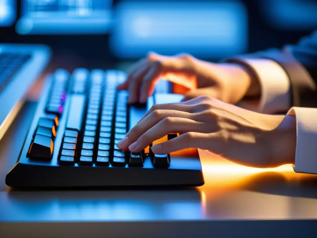 Manos de programador escribiendo en teclado moderno, enfoque en teclas en movimiento