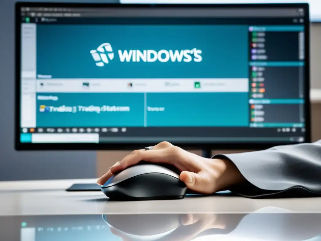 Manos usando un ratón en una plataforma de trading Windows en Linux, resaltando la precisión técnica y la integración profesional