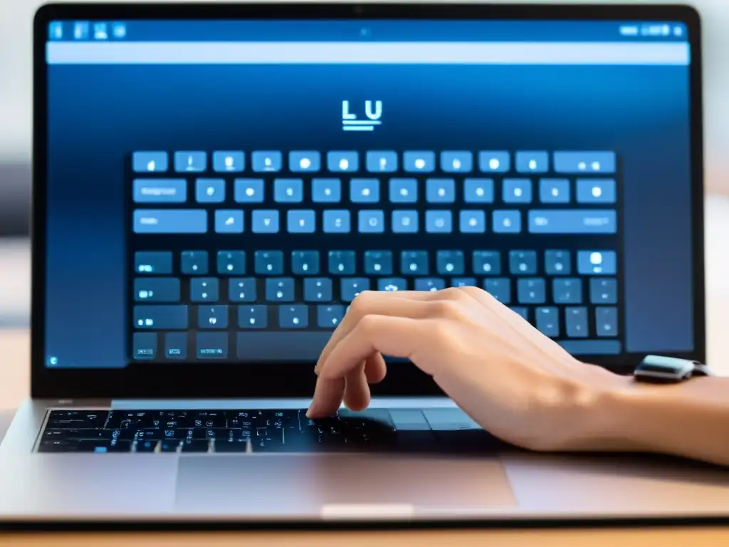 Manos implementando LUKS para seguridad en teclado de laptop moderno