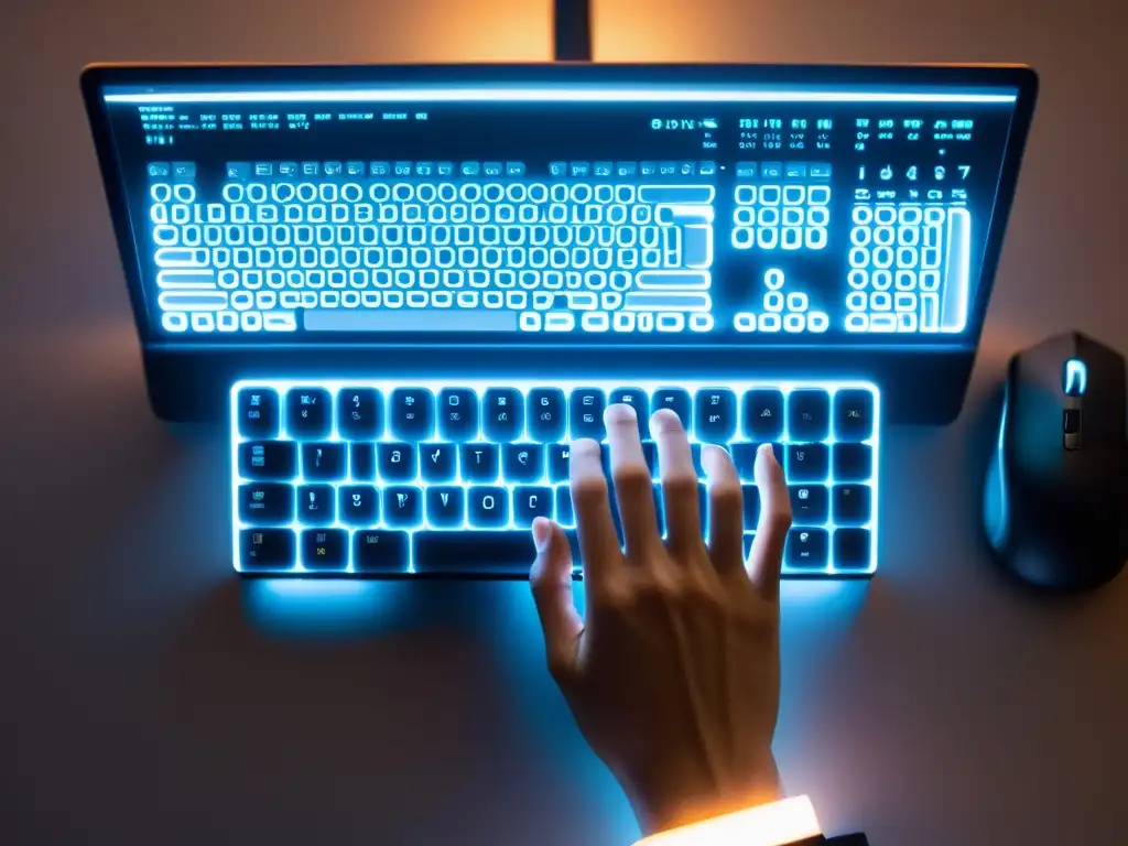 Manos tecleando en un teclado, mostrando código fuente con iluminación suave