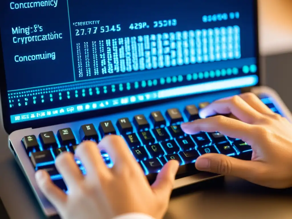 Manos expertas configurando minería de criptomonedas Manos tecleando en un teclado con código de minería de criptomonedas en pantalla