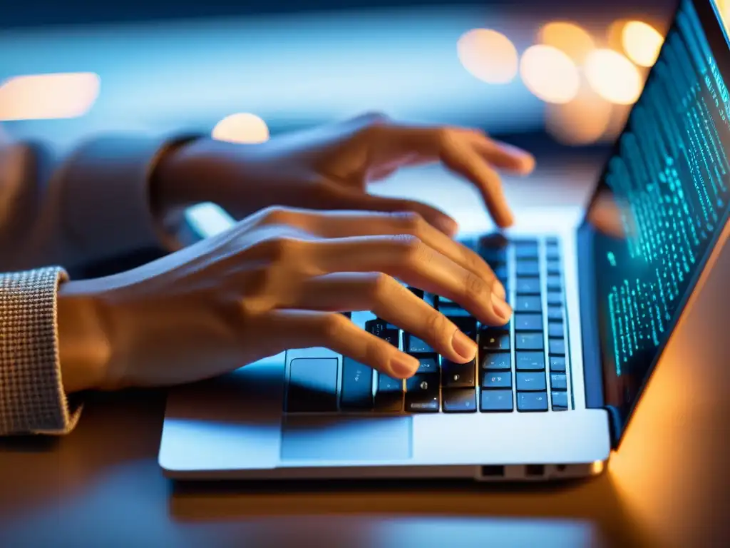 Manos escribiendo en teclado de laptop, con luz cálida