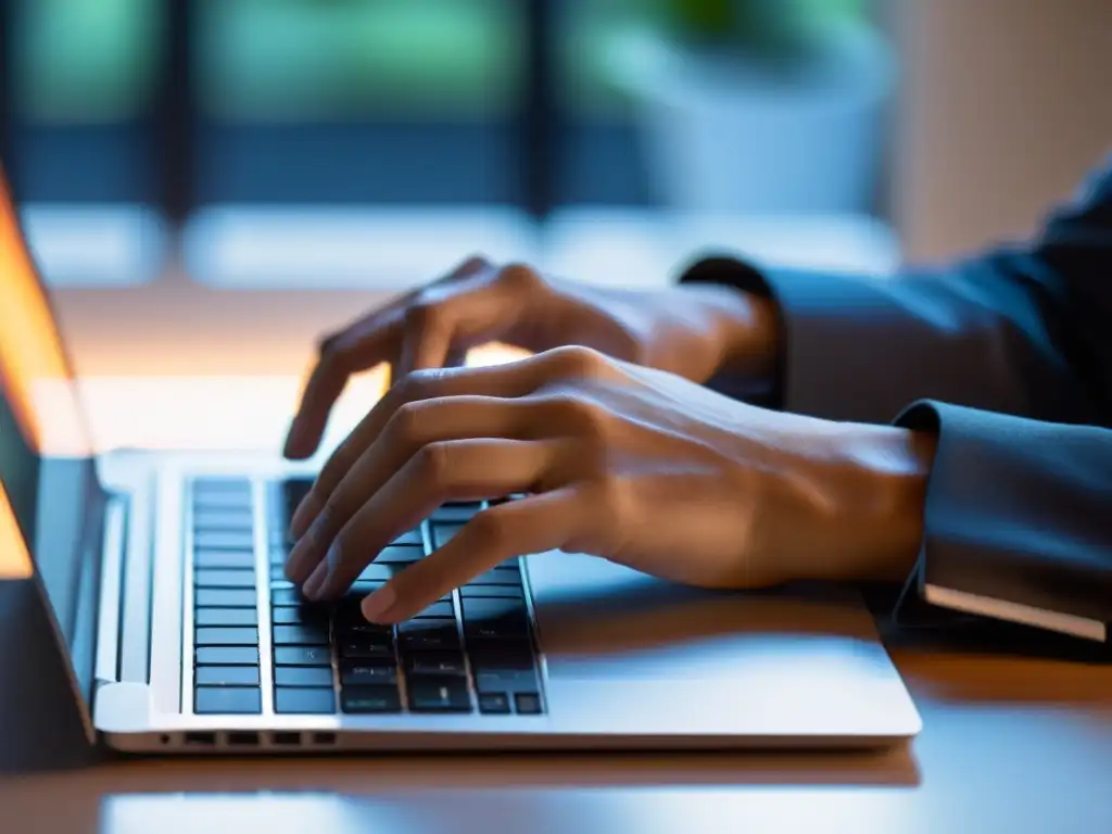 Manos escribiendo en teclado de laptop moderna en un escritorio limpio, con café y cuaderno