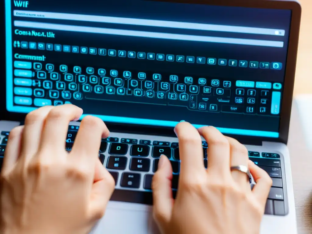 Manos tecleando en un teclado de laptop, pantalla mostrando la interfaz de línea de comandos de Linux