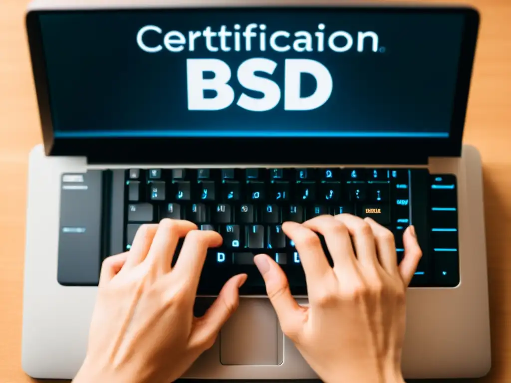 Manos tecleando en un teclado, con el logo de certificación BSD en pantalla