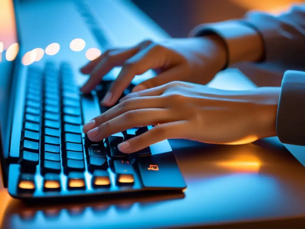 Manos tecleando en un teclado moderno, en un ambiente profesional