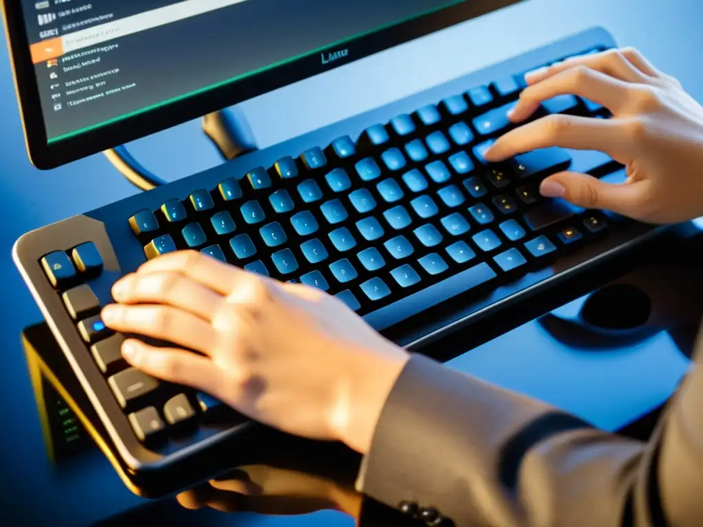 Manos tecleando en un teclado moderno, con interfaz Linux en pantalla Manos tecleando en un teclado moderno con interfaz Linux en pantalla