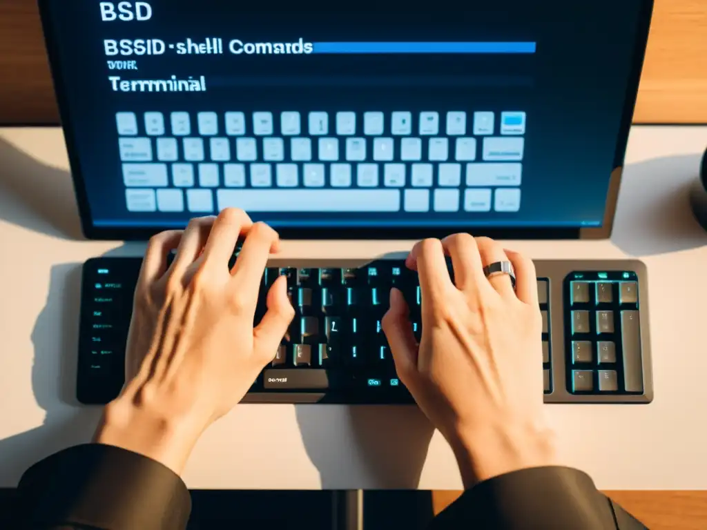 Manos escribiendo en teclado, pantalla con comandos básicos Shell BSD, luz suave