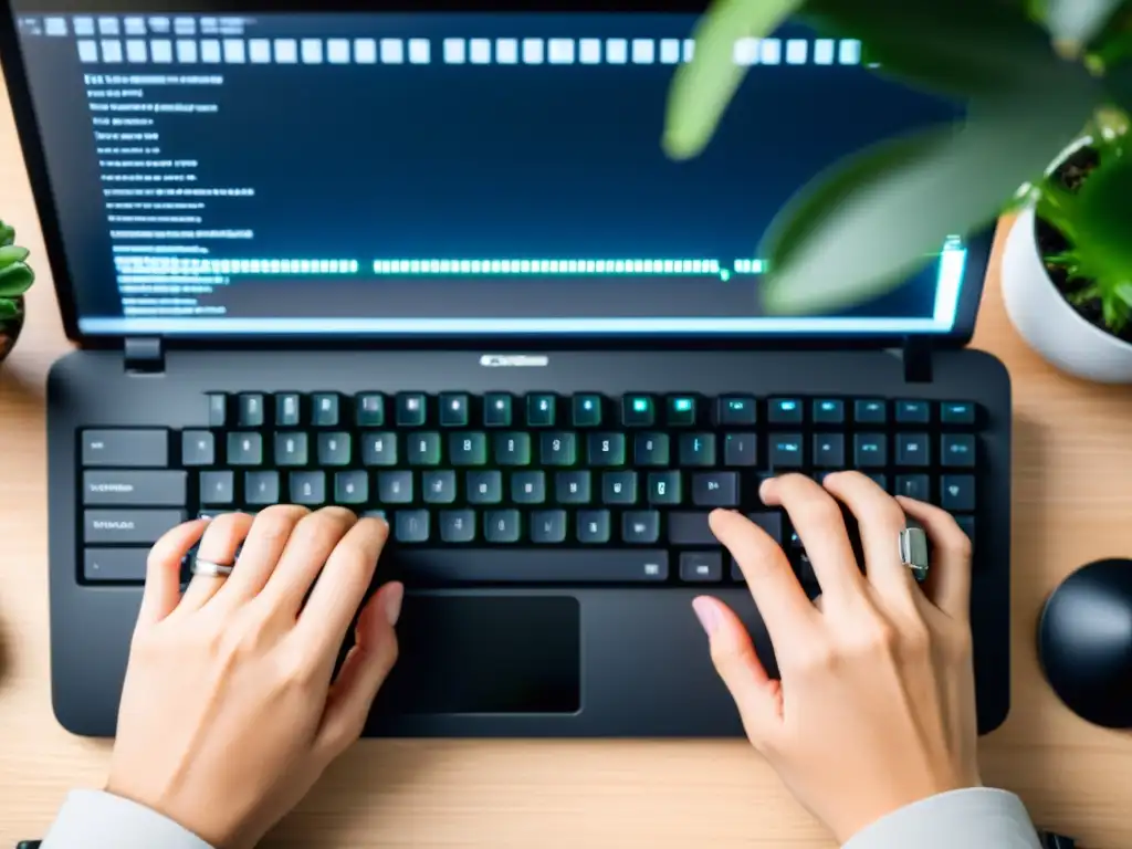 Manos tecleando en un teclado, con pantalla que refleja entorno de codificación en Linux