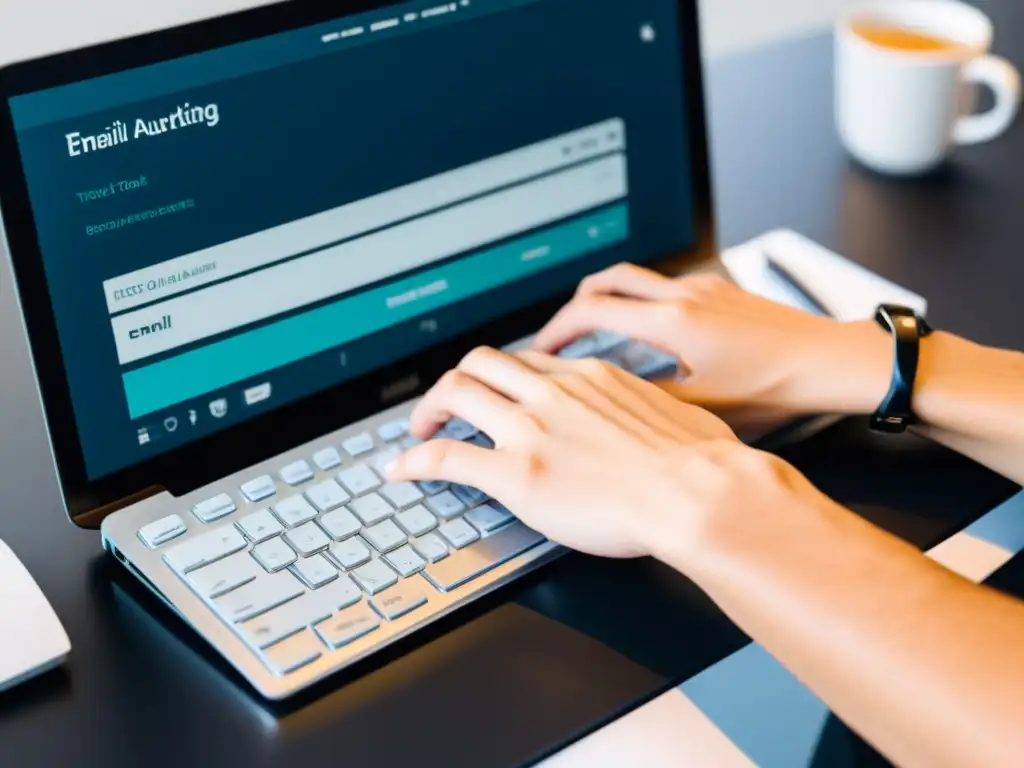 Manos tecleando en un teclado, con pantalla de herramientas de email marketing para Linux y BSD
