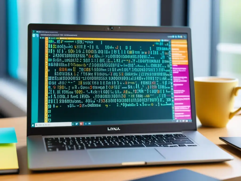 Un mantenedor de Linux concentrado en su escritorio, rodeado de libros, notas adhesivas y una taza de café humeante