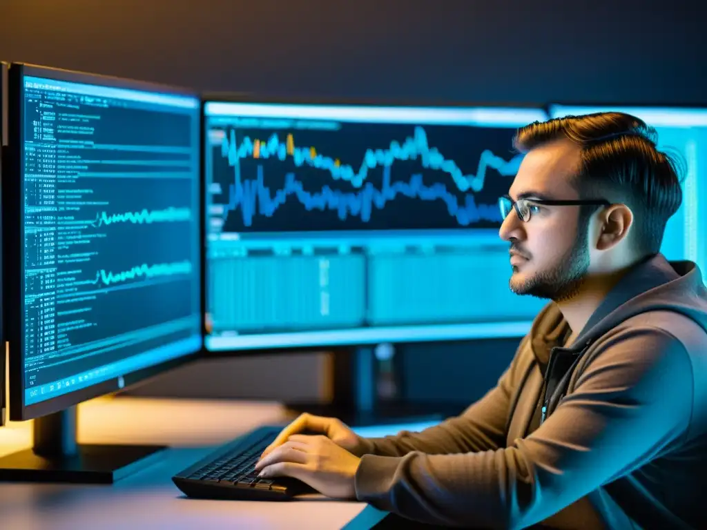 Un mantenedor de Linux concentrado en su trabajo, rodeado de monitores con complejos scripts de programación