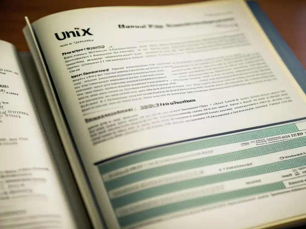 Una fotografía de alta resolución de un manual vintage de UNIX abierto en una página detallando la arquitectura del sistema operativo BSD