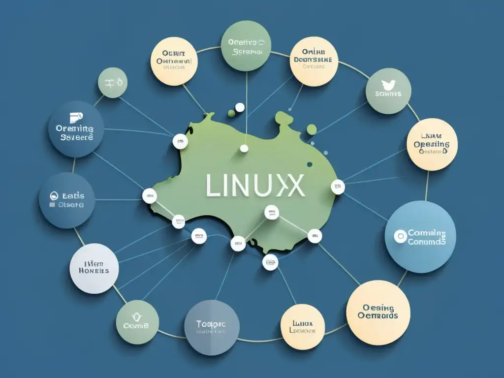 Mapa detallado de Linux con rutas de aprendizaje en tonos sutiles de azul, gris y blanco