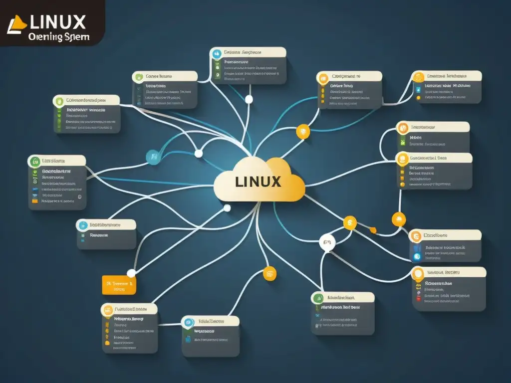 Mapa detallado de Linux con nodos interconectados, mostrando rutas de aprendizaje en Linux con diseño minimalista y profesional