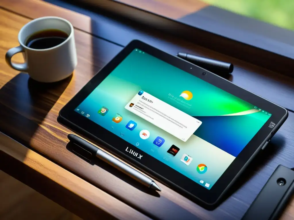 Mejores tablets para Linux: Imagen de una elegante tablet con interfaz Linux en un entorno profesional y relajado, rodeada de accesorios