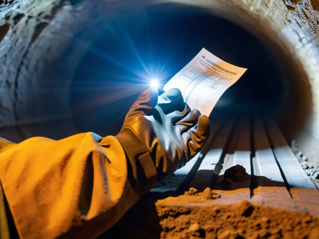 Un minero examina detalladamente un plano en un túnel subterráneo, iluminado por un haz de luz